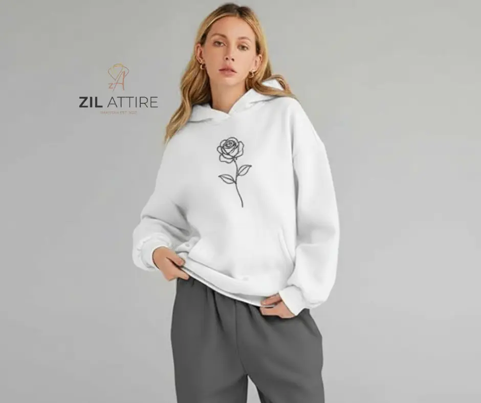 "Bloom in Comfort: Zil Attire's Minimal Rose Hoodie"