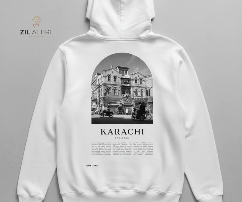 "City of Lights, City of Soul: The ZIL ATTIRE 'KARACHI' Heritage Hoodie."